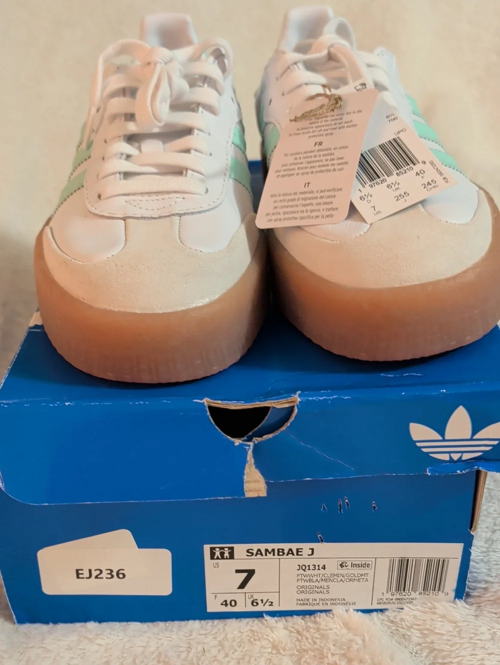 ✨ NWT Adidas Originals Sambae J Sneakers - White/Clear Mint - Size 7 Youth